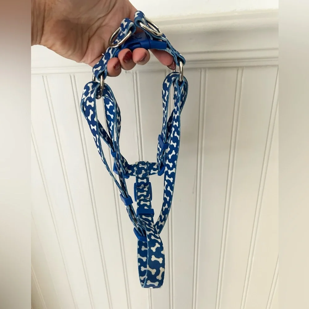 Blue Small Dog Harness with Bone Pattern